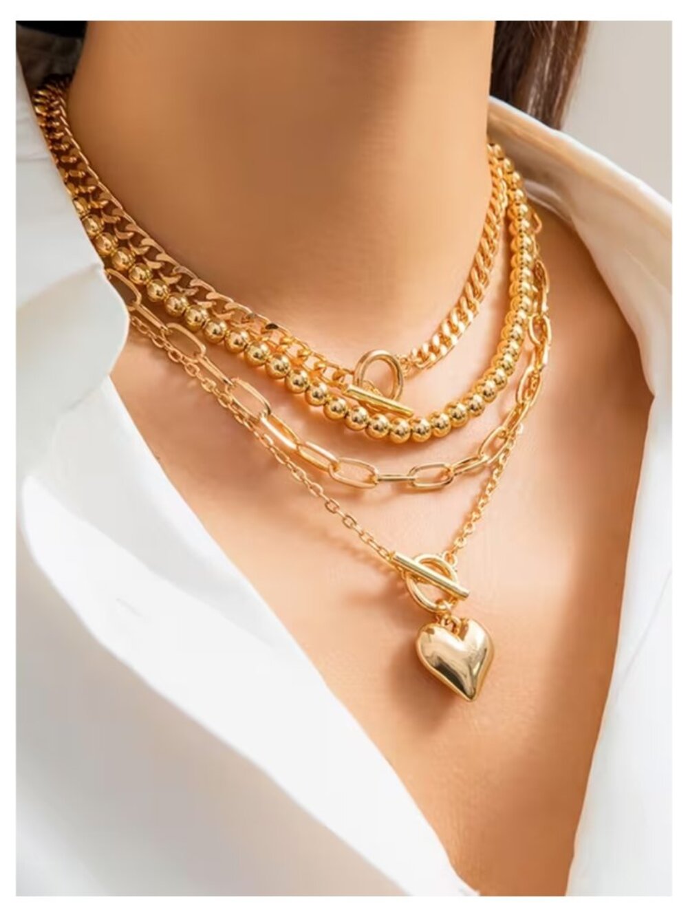 NWT Golden Layered Chain Necklace Set 4pc Heart Pendant Chunky Toggle Clasp